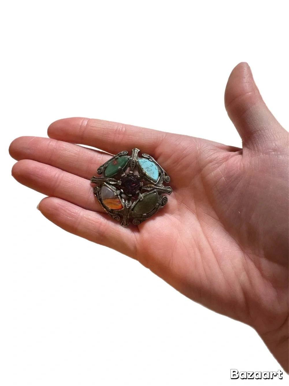 Vintage Multi-Stone Round Brooch with Turquoise and Carnelian Accent